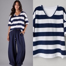 Damen Shirt Blockstreifen Weiß Navy Blau Mar...