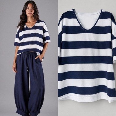 Damen Shirt Blockstreifen Weiß Navy Blau Marine Look 36 38 40