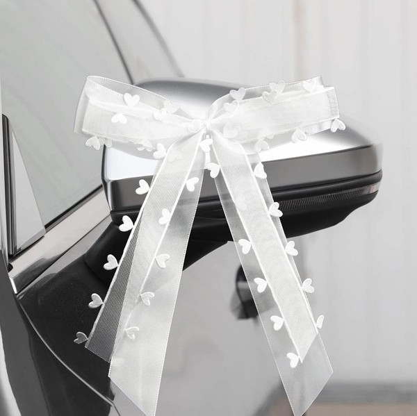 Autoschleifen Hochzeit 50 StüCk - Weiß Mit Herzen, 25X15 Cm, Satin-image