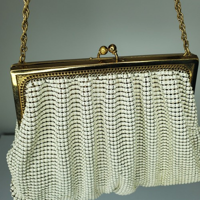 #ad #ad VINTAGE White WHITING amp; DAVIS AluMesh Purse with Brass Chain Strap Handbag $29.37