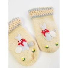 Vintage Infants Knit Mittens with Bunny Applique Beading Hygge Kitschy Cute Doll