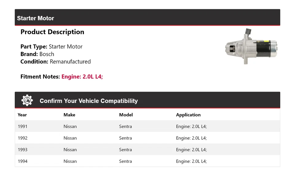 Arranque Bosch para Nissan Sentra 1991-1994 2,0 L L4 (remanufacturado) 1992 1993 Foto 2 de 4