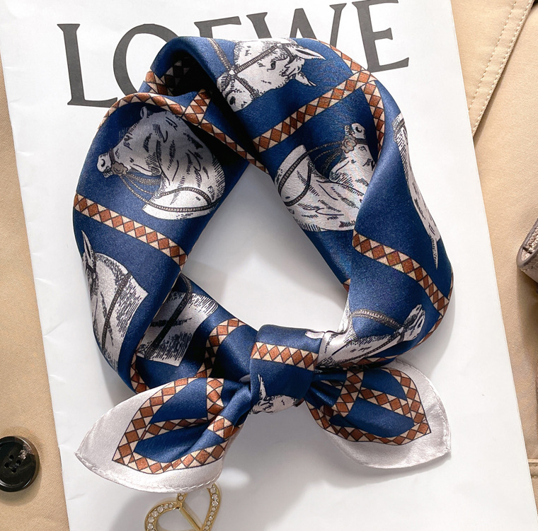100% Pure Mulberry Silk 20-Inch Square Scarf for Women with Horsehead Grid Print
