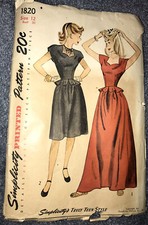 VTG 40s Simplicity Pattern 1820 Day Evening Dress XS 30 Bust 25 Waist 33 Hip