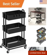 Sturdy 3-Tier Alloy Steel Rolling Cart with Swivel Casters - Black Finish