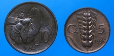 VITTORIO EMANUELE III COPPIA DI 5 E 10 CENTESIMI 1934 SPIGA E APE RAME COIN qFDC