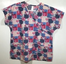 Pink Ribbon Scrub Top womens size M Medium breast cancer awareness October blue