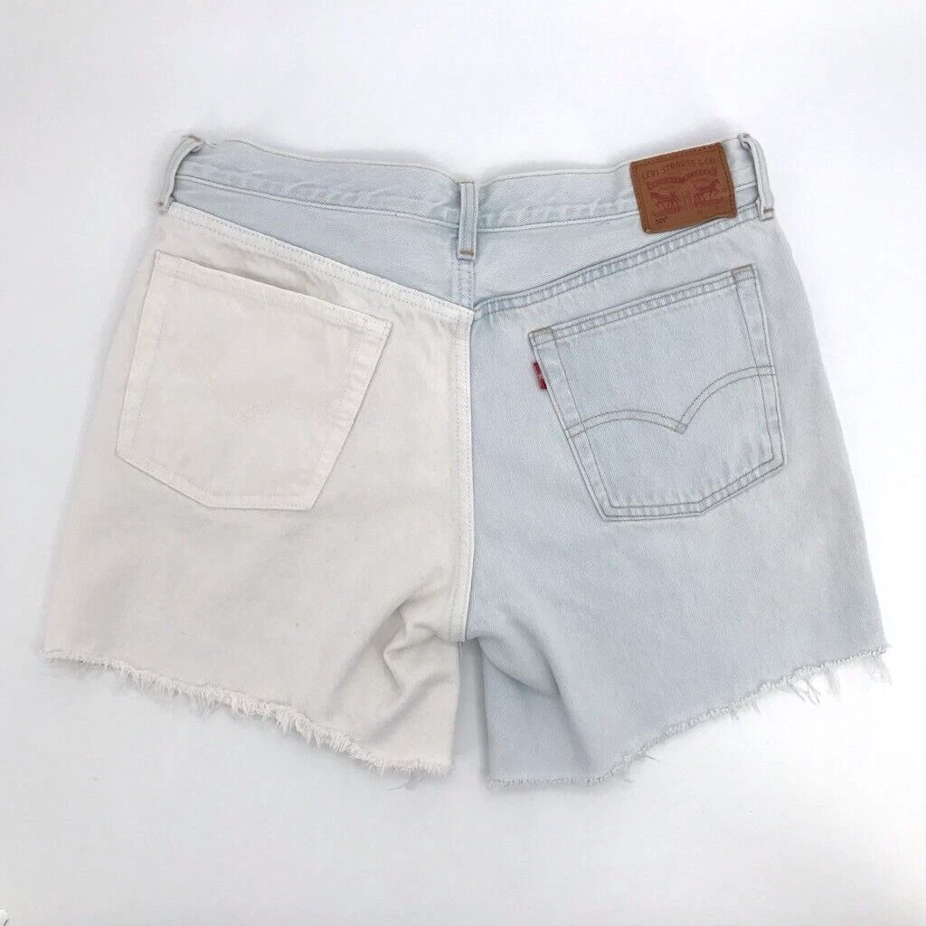 Two Tone Levis 501 Cut Off Shorts White Color Block Denim Frayed Mid Rise 32x6