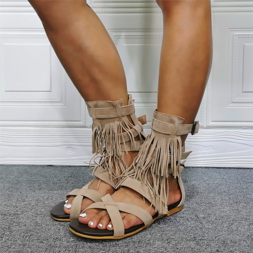 Ladies Flats Peep Toe Tassel Sandals Casdual Ankle Buckle Boho Fringe Shoes  Roma | eBay