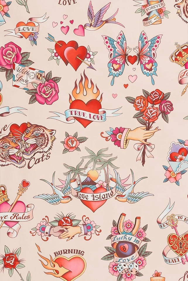 Food Safe Alexander Henry Tattoo Rose Tiger Heart flames LAMINATED fabric bty - Image 2 of 2