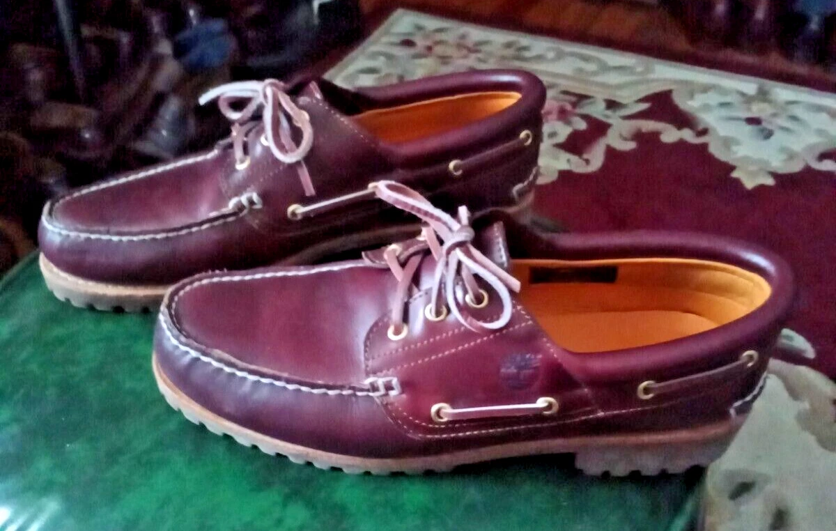 SCARPE DA BARCA uomo BurgundyTimberland 3 EYE LUGSOLE CUCITE A MANO in pelle taglia 10 5 M