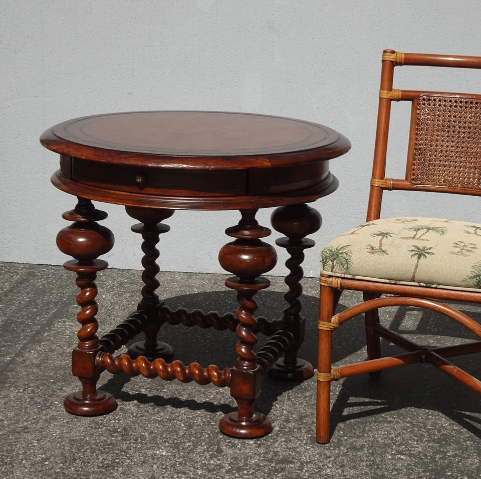 Vintage John Richard Large Spindle Side Table Leather Top w a Drawer - Image 3 of 4