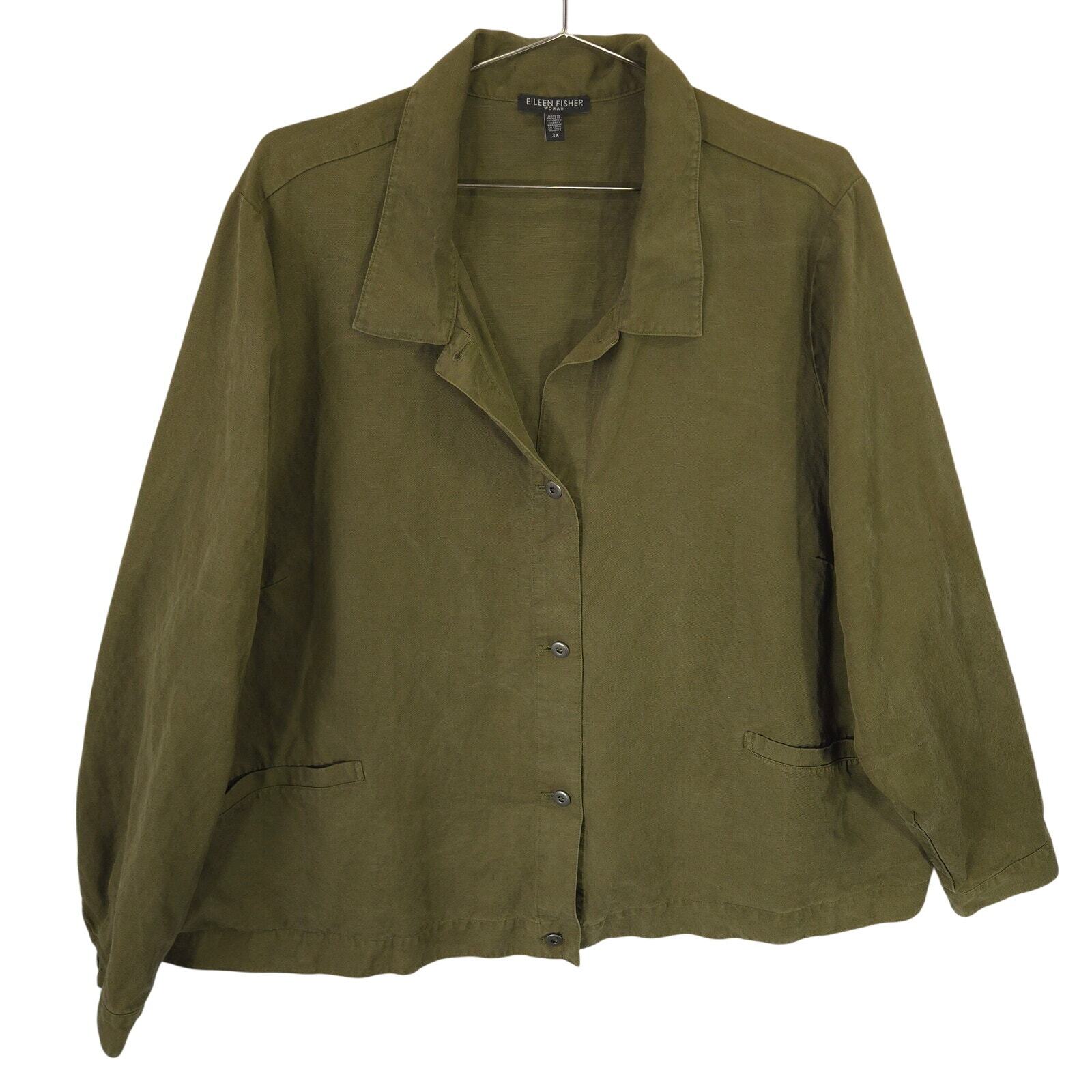 Eileen Fisher Overshirt Womens 3X Olive Washed Linen Blend Boxy Cut Button Up