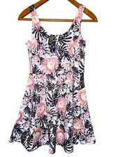 H&M Fit & Flare Dress Womens 0 2 4 Tropical Floral Print Stretch White & Multi