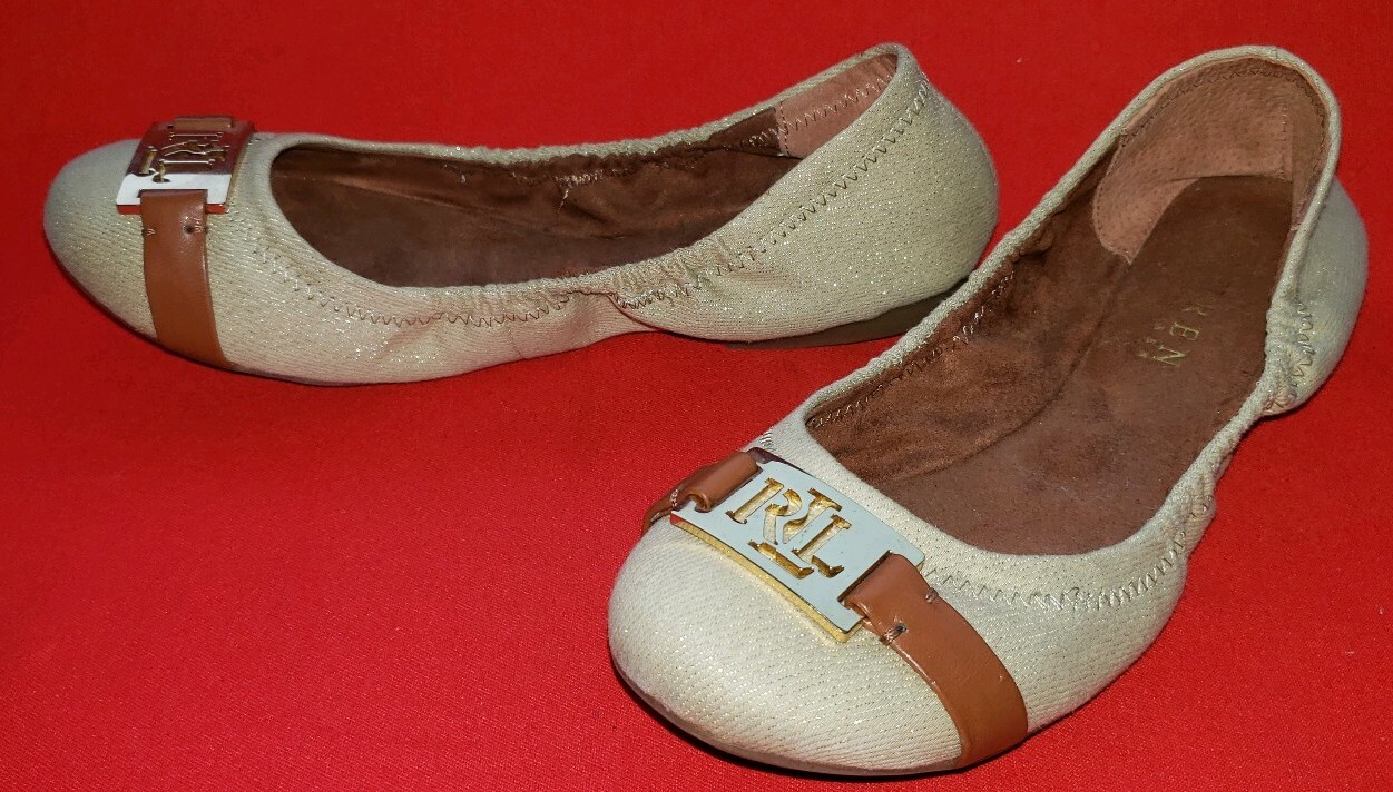 PANTOFOLA D’ORO Ballerine da donna Ralph Lauren 6 5 B cachi glitter tela simbolo RLL davanti
