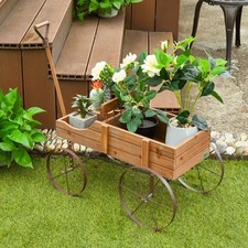 DORTALA Wood Wagon Planter Outdoor Garden Flower Cart w/ Wheels