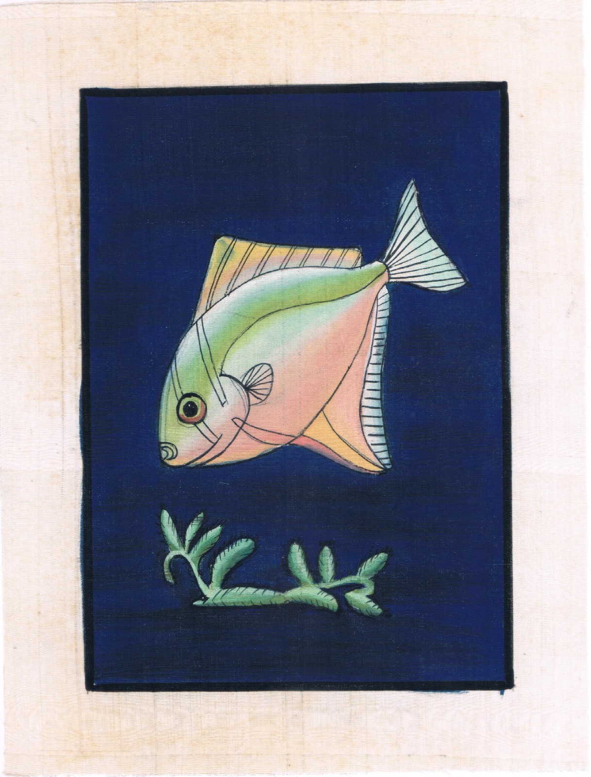Pintura Hecha A Mano De Pescado Vintage (Pez Mantequilla) En Tela De Seda 7X9"