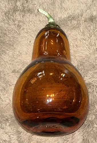 Blenko Orange Hand Blown Glass Pear With Green Stem With Blenko Label