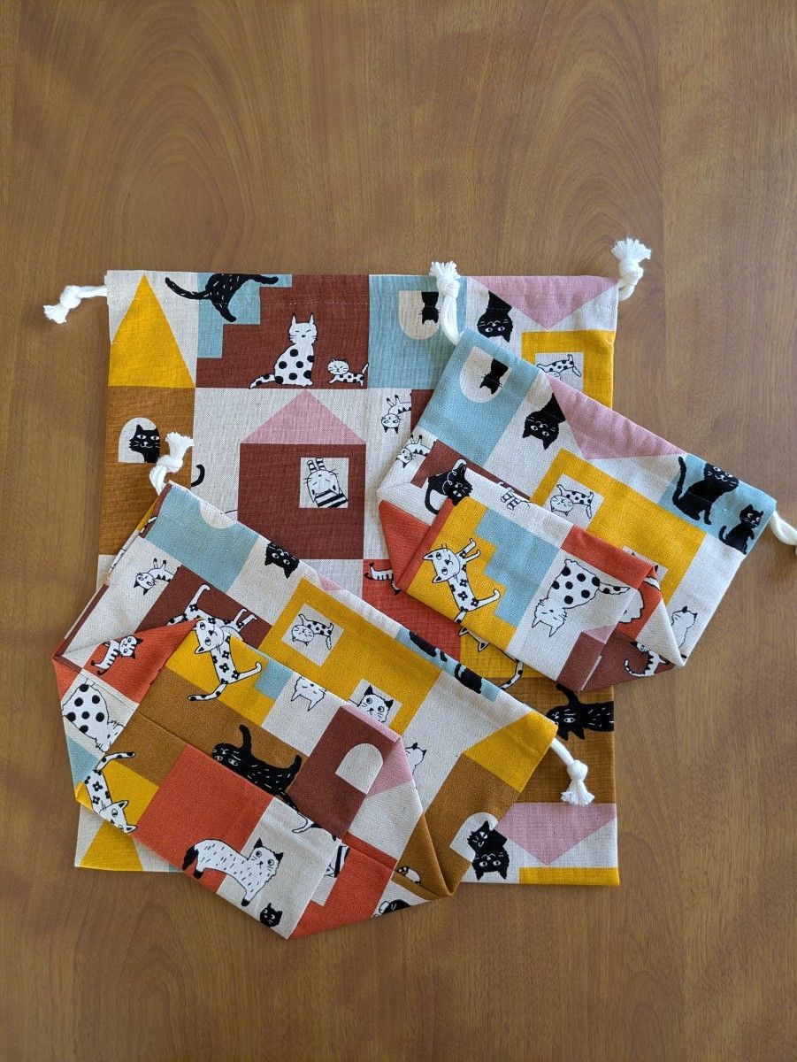 3-piece drawstring bag set, cat pattern, - image 1