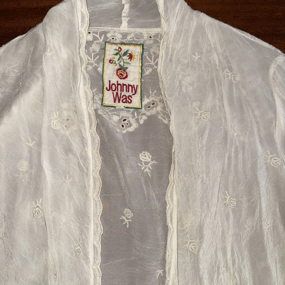 Johnny Was S Marfil Crudo Kimono Sedoso Bordado y Encaje Chaqueta Playa Boda Envoltura Foto 2 de 4
