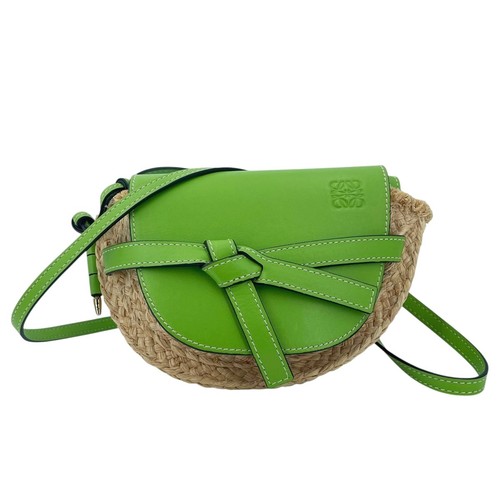 Used LOEWE Gate Bag Mini Light Green Raffia Calf Leather Natural Shoulder Bag An