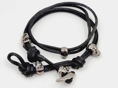 Links of London Camden skull bracelet sterling silver NEW black rhodium leather
