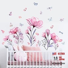 Wall Decals Removable Butterflies Floral Flowerl Wall Stickers DIY Pink Flowers
