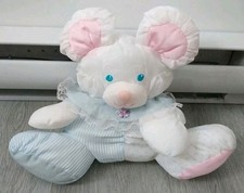 Vintage Fisher Price Baby Puffalump Mouse Bear Plush 1988 White Pink Blue Rattle