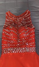 Red Satin Sleeveless Ballgown Prom Dress Beaded Illusion Neckline Long Formal