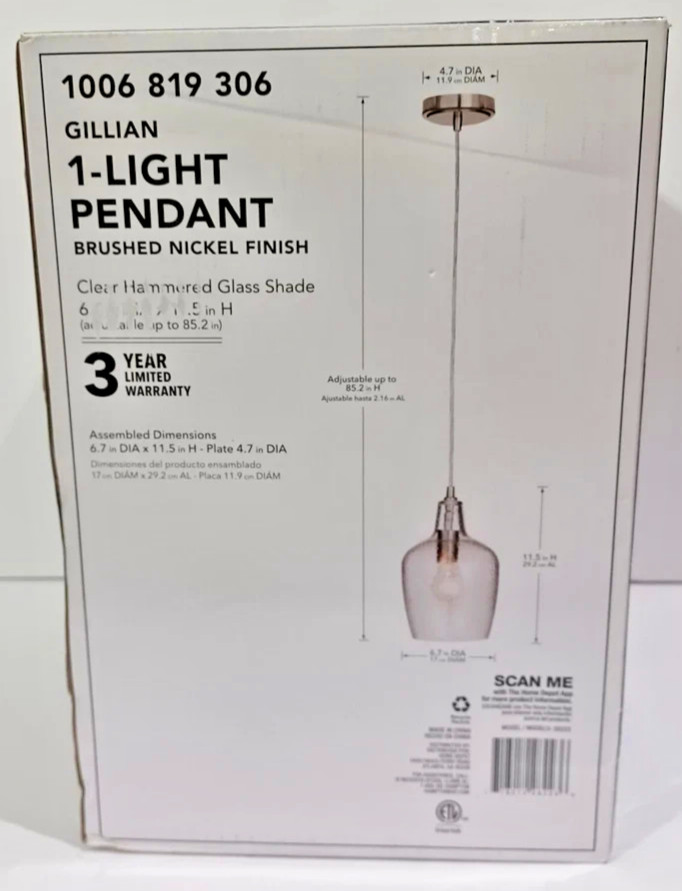 Hampton Bay GILLIAN 1-Li Brushed Nickel Cone Mini Pendant Clear Hammered Glass