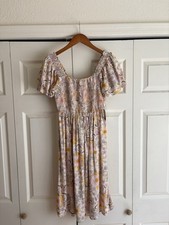 a.n.a Floral Smocked Midi Sundress Square Neck Ruffle Short Sleeve Multicolor