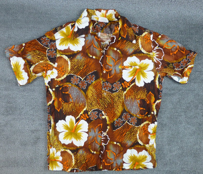 Barefoot in Paradise Hawaiian Short Sleeve Shirt Men's LG Floral Brown Yellow