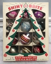 Vtg Shiny Brite Top Indent Script Stripe Glass Christmas Ornaments 12 Set Boxed!