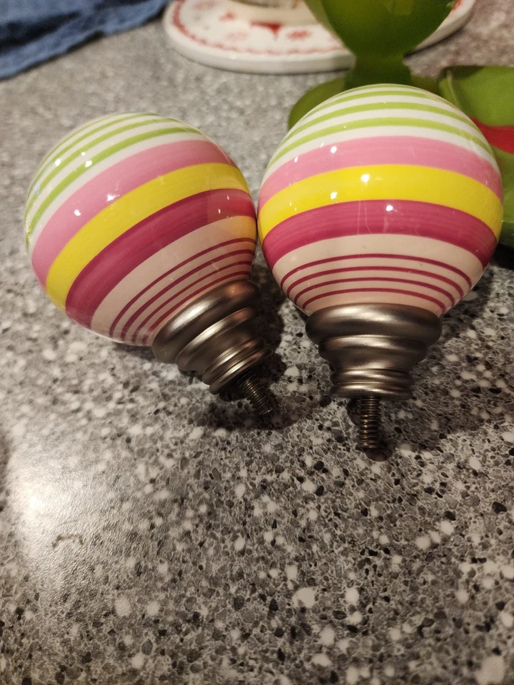 Pottery Barn Curtain Rod Finials Set of Two Pink Green Yellow Striped Ceramic - Image 3 of 4