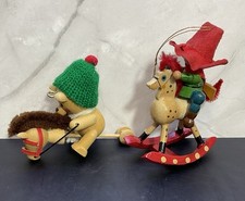 Vintage Wooden Christmas Ornaments Rocking Horse  Stick Horse Set Of 2