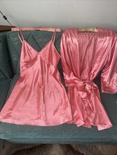 Vtg Adonna Large Coral Pink Robe  Matching Slip Chemise Floral Embroidery Satin