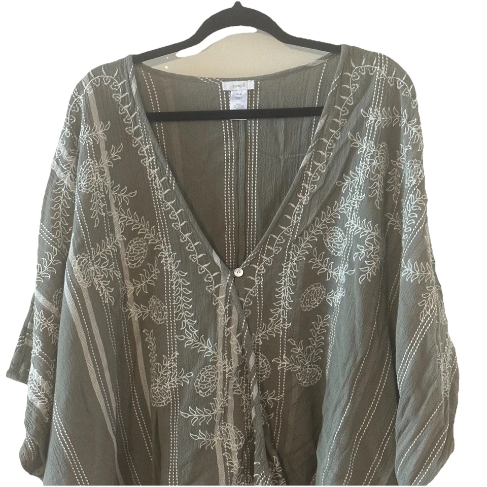 Top envolvente cuadrado bordado Purejill verde floral bordado talla grande XL-3X Foto 2 de 4