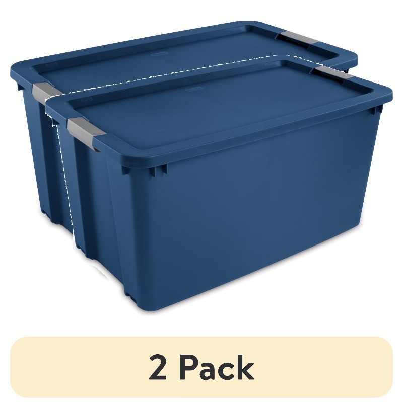 2 Pack XL 45 Gal Plastic Storage Bin, Latch Lid & Wheels, Blue