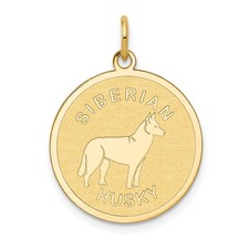 Dije de perro disco grabable de 20 mm de husky siberiano de oro amarillo real de 14K; longitud 26 mm