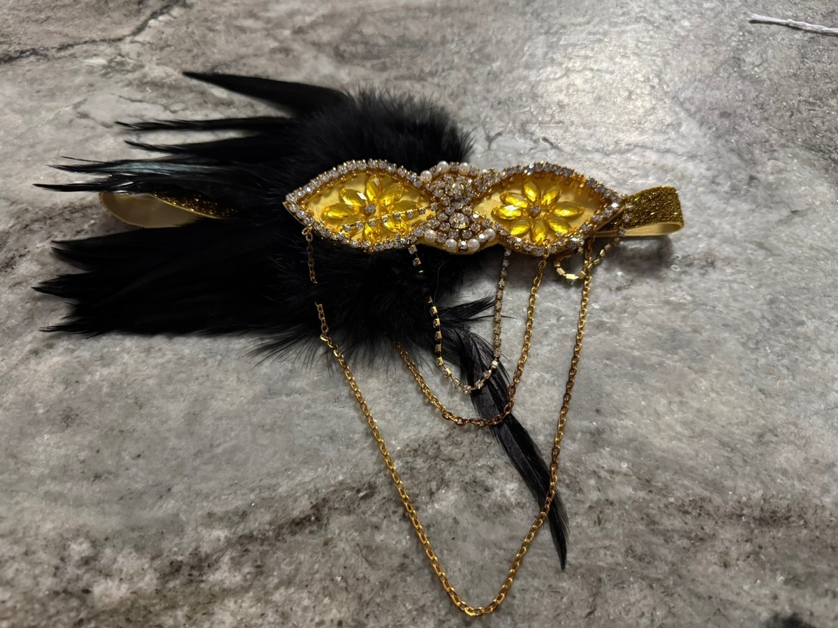 BABEYOND 1920s Flapper Headpiece Gold Crystal Great Gatsby Black