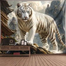 Polyester Vibrant White Tiger Landscape Tapestry  Dramatic Mountain & Pagoda Sce