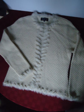 JONES NEW YORK Signature Petite Sz PM Wool Blend Fur Trim Open Cardigan Sweater 