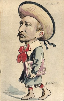 Karikatur eines Mannes mit Buch 'ALPHABET' - Zeichnung von B. Blachet, Verlag C