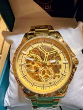 BIBI Automatic Skeleton Watch Gold Tone Stainless Steel NEW w/ Tags Luxury Style