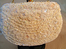 Vintage 1950s HANDMADE WHITE BEADED  SEQUIN PURSE 7 x 5 1/2 - made Hong Kong