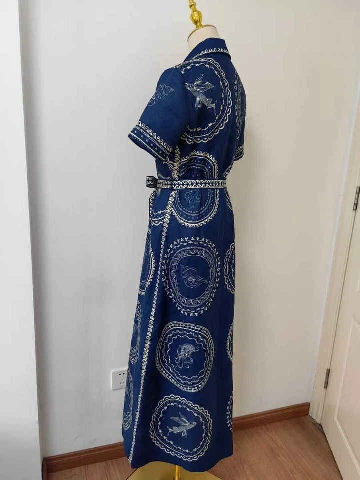 Alemais Oceane Linen Shirt dress blue Linen printed lapel tie dress women 2025 - Image 4 of 4