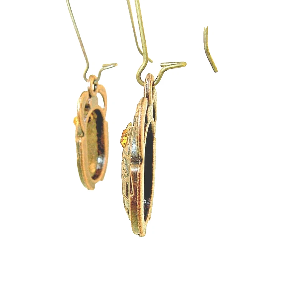 Nuevo ESCARABAJO ESCARABAJO con Cristales Dorados Tono Cobre Pendientes Colgantes 1.75" Largo Foto 2 de 3