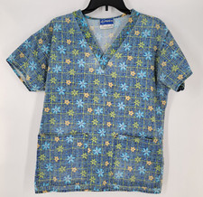 Crest Scrub Top V-Neck  Size XS  Blue Yellow Green Spring Flowers