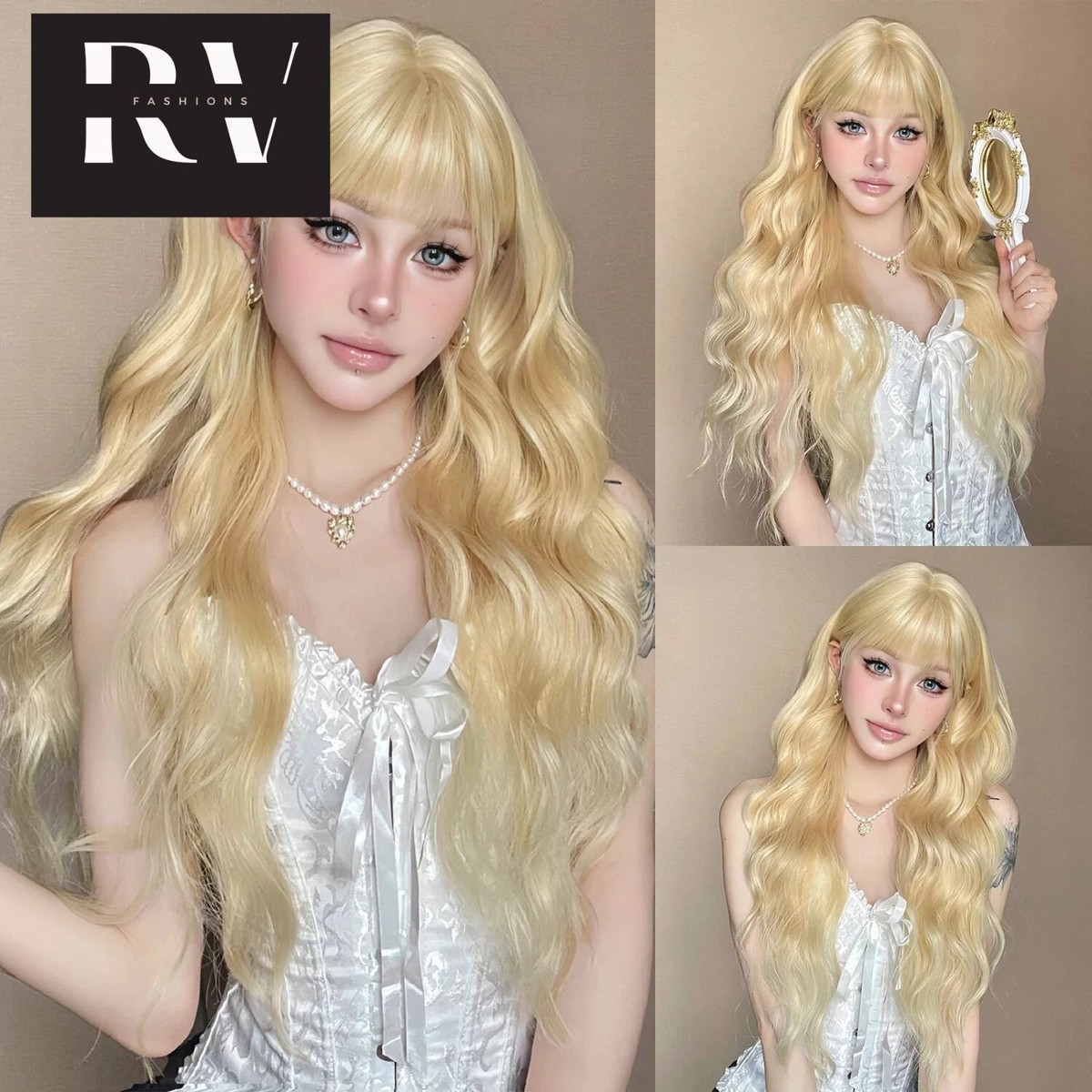LONG Curly Wavy Synthetic Hair Wigs with Bangs for Women Light Golden Mix Blonde il_fullxfull.6936674178_i8at.jpg main image 4