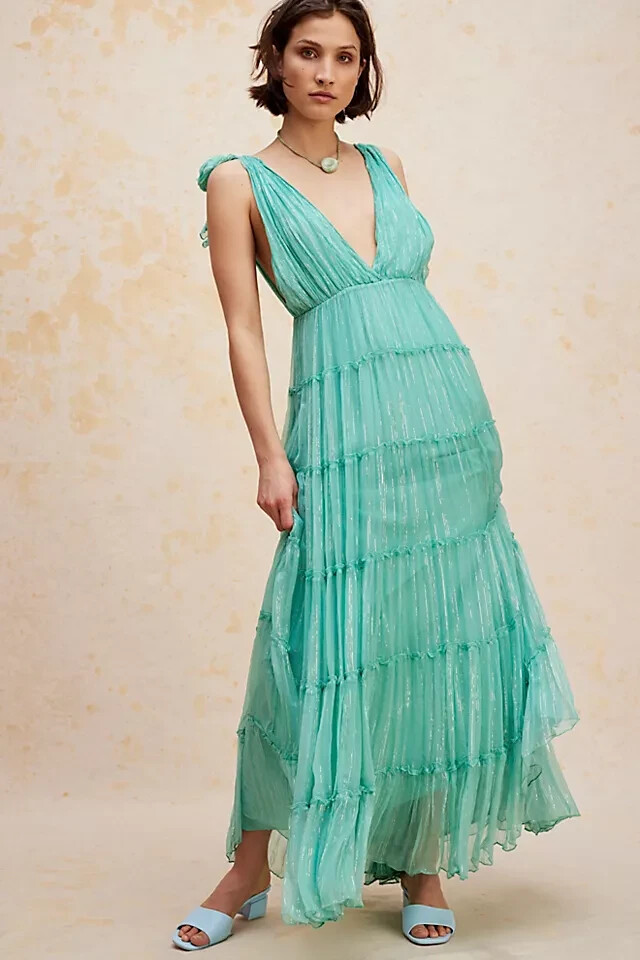 Free People FP One Milani Maxi Dress Tiered V Neck Gown Ties Metallic Green S